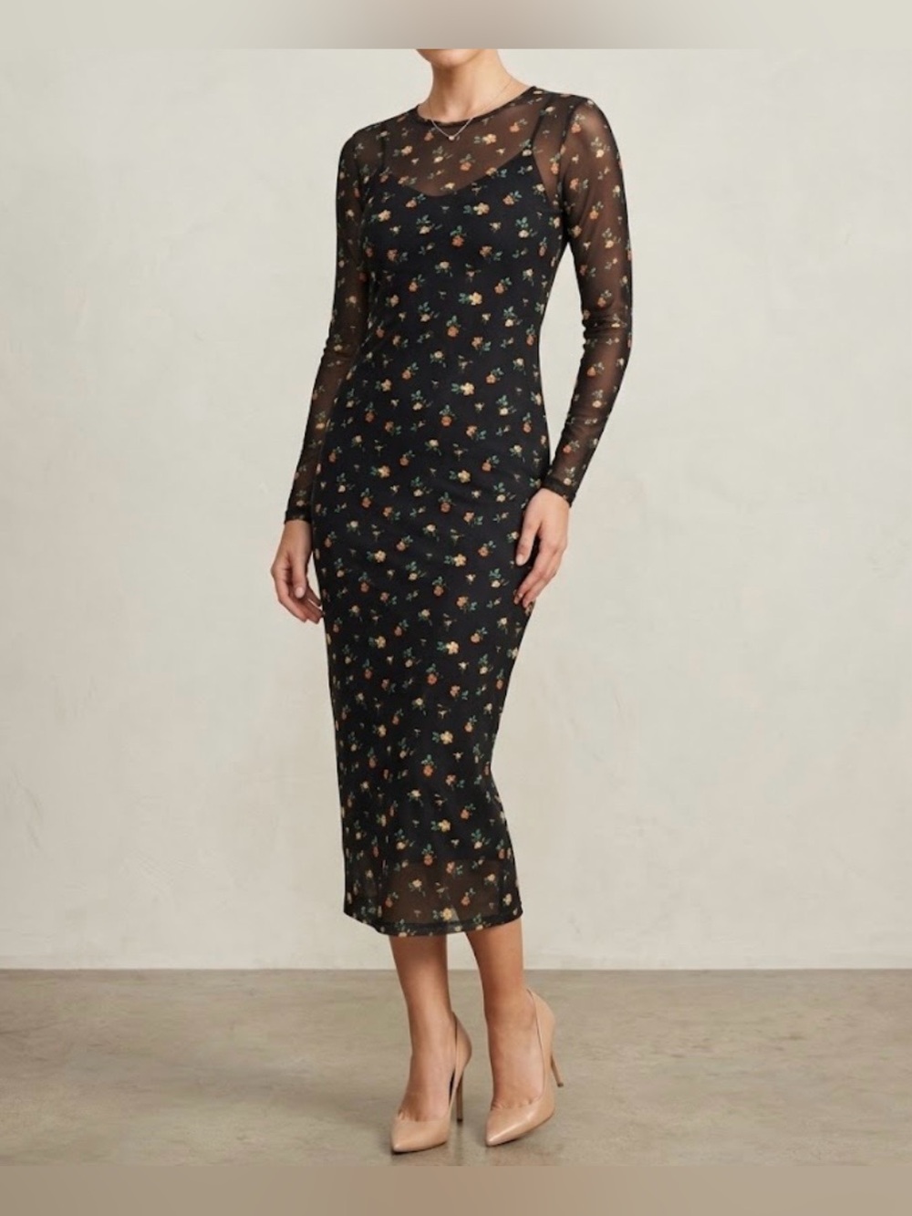 AFRM Jetta Floral Long Sleeve Mesh Maxi Dress Black Multi Print Size M Edgy